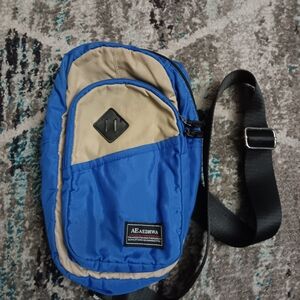 Blue and Tan Men's Travel Bag